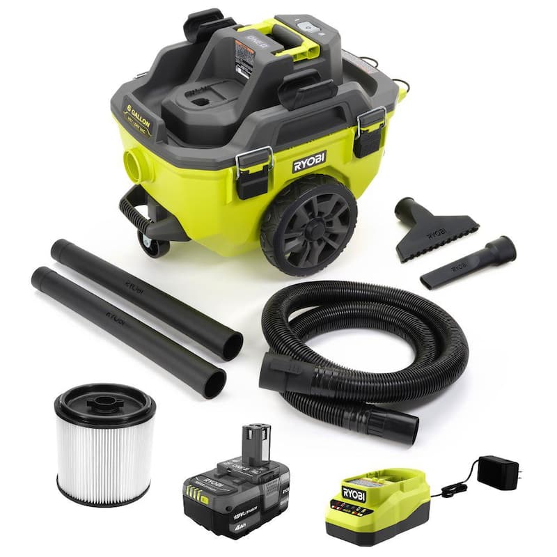 RYOBI ONE+ 18V Cordless 6 Gal. Wet Dry Vacuum Kit with 4.0 Ah Battery, 18V Charger, and Extra Replacement Filter - PCL735K-A32RF06