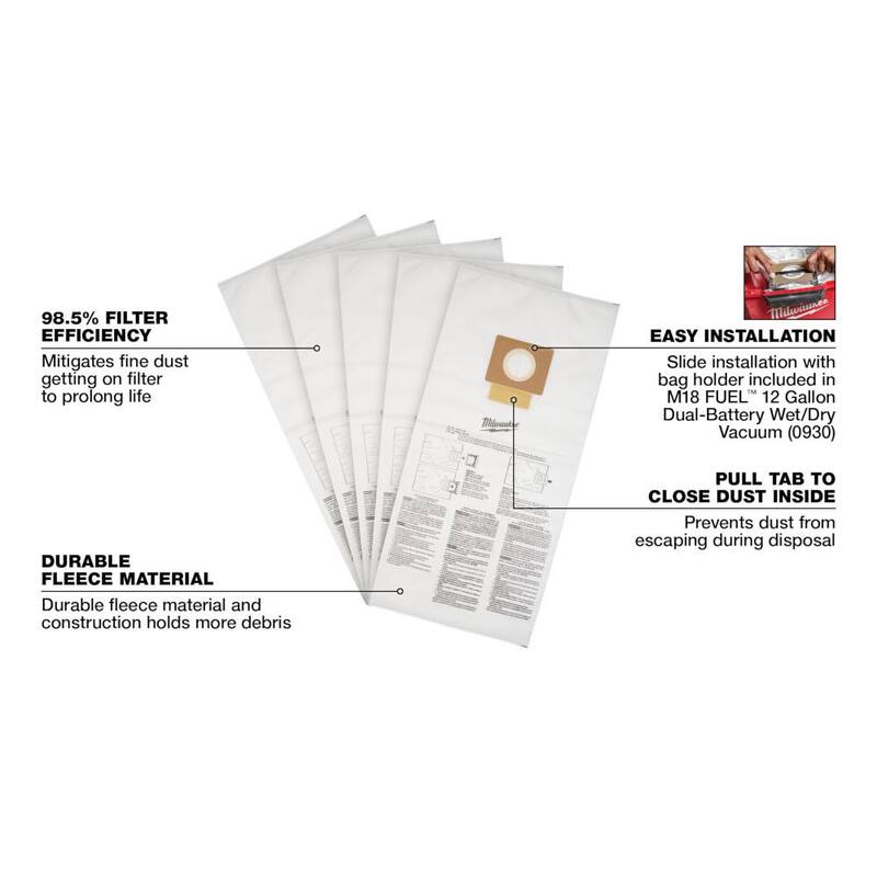 Milwaukee Fleece Dust Bags for 12 Gal. M18 FUEL Cordless Wet/Dry Shop Vacuums (5-Pack) - 49-90-1999