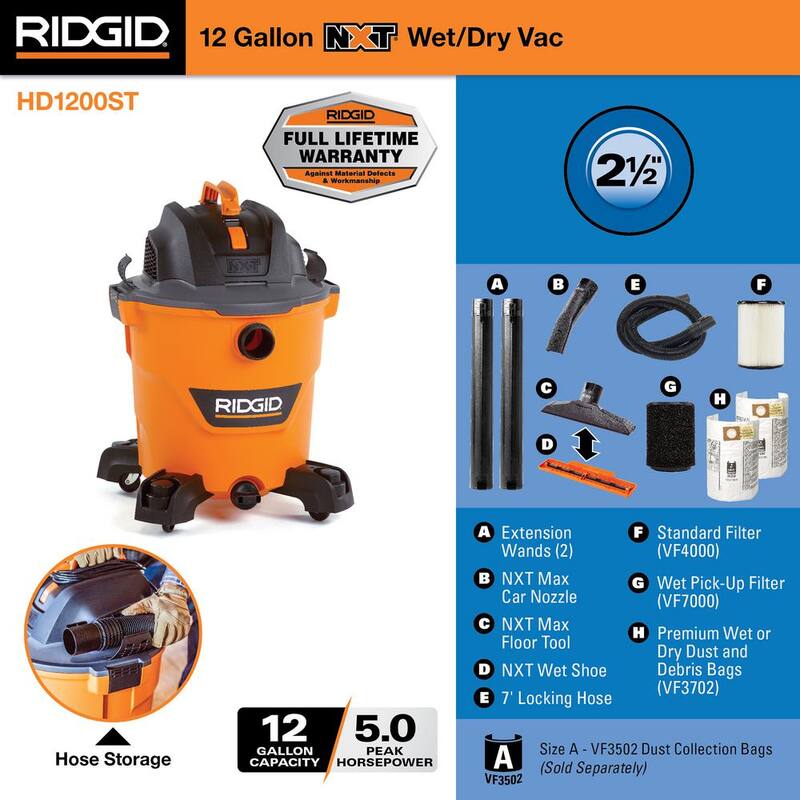 RIDGID 12 Gallon 5.0 Peak HP NXT Shop Vac Wet Dry Vacuum with Filter, Hose, Accessories, Wet Filter and Wet Debris Bags - HD1200ST