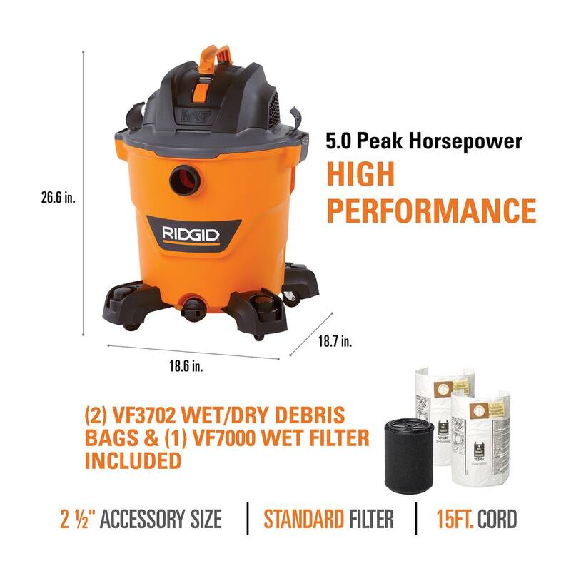 RIDGID 12 Gallon 5.0 Peak HP NXT Shop Vac Wet Dry Vacuum with Filter, Hose, Accessories, Wet Filter and Wet Debris Bags - HD1200ST