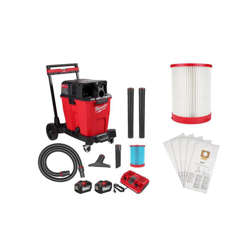 Milwaukee M18 FUEL 12 Gal. Cordless Dual-Battery Wet/Dry Shop Vac Kit with HE Filter, HEPA Filter and (5-Pack) Fleece Dust Bags - 0930-22HD-49-90-1977-49-90-1999