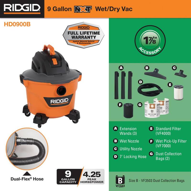 RIDGID 9 Gallon 4.25 Peak HP NXT Shop Vac Wet Dry Vacuum with General Debris Filter, Wet Filter, Dust Bags and Accessories - HD0900B