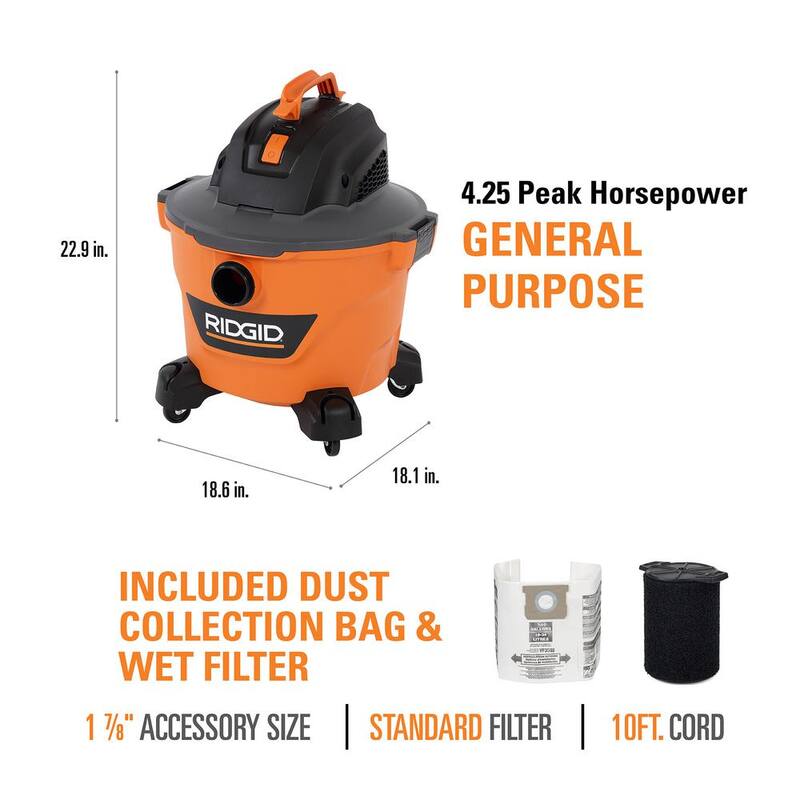 RIDGID 9 Gallon 4.25 Peak HP NXT Shop Vac Wet Dry Vacuum with General Debris Filter, Wet Filter, Dust Bags and Accessories - HD0900B