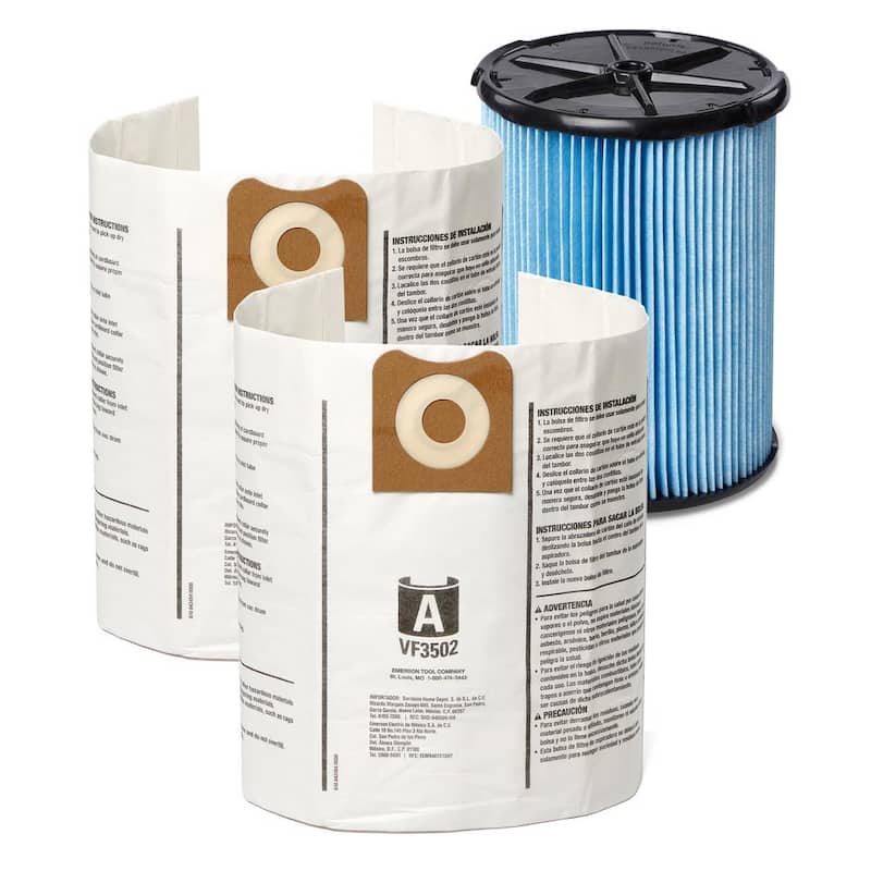 RIDGID Wet Dry Vacuum Filter Kit with Fine Dust Pleated Paper Filter and Two Dust Bags for Select 12-16 Gallon RIDGID Shop Vacs - VF55001