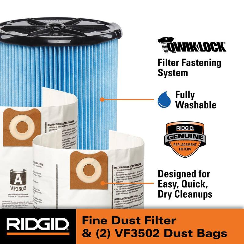 RIDGID Wet Dry Vacuum Filter Kit with Fine Dust Pleated Paper Filter and Two Dust Bags for Select 12-16 Gallon RIDGID Shop Vacs - VF55001