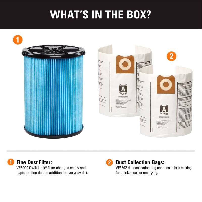 RIDGID Wet Dry Vacuum Filter Kit with Fine Dust Pleated Paper Filter and Two Dust Bags for Select 12-16 Gallon RIDGID Shop Vacs - VF55001