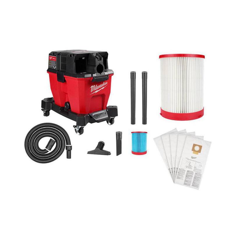 Milwaukee M18 FUEL 9 Gal. Cordless Dual-Battery Wet/Dry Shop Vacuum with HE Filter, HEPA Filter and (5-Pack) Fleece Dust Bags - 0920-20-49-90-1977-49-90-1989