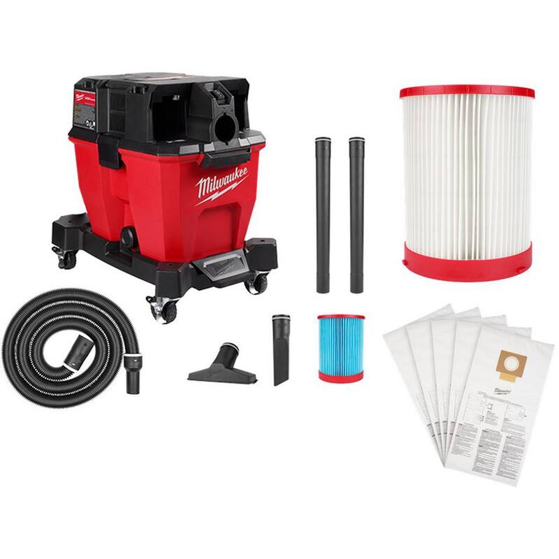 Milwaukee M18 FUEL 9 Gal. Cordless Dual-Battery Wet/Dry Shop Vacuum with HE Filter, HEPA Filter and (5-Pack) Fleece Dust Bags - 0920-20-49-90-1977-49-90-1989