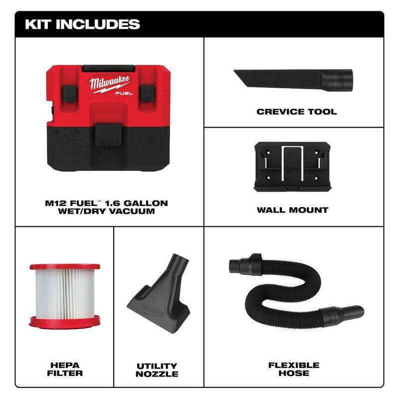 Milwaukee M12 FUEL Cordless 1.6 Gal. Wet/Dry Vacuum with AIR-TIP 1-1/4 in. - 2-1/2 in. (4-Piece) Automotive Kit - 0960-20-49-90-2019A