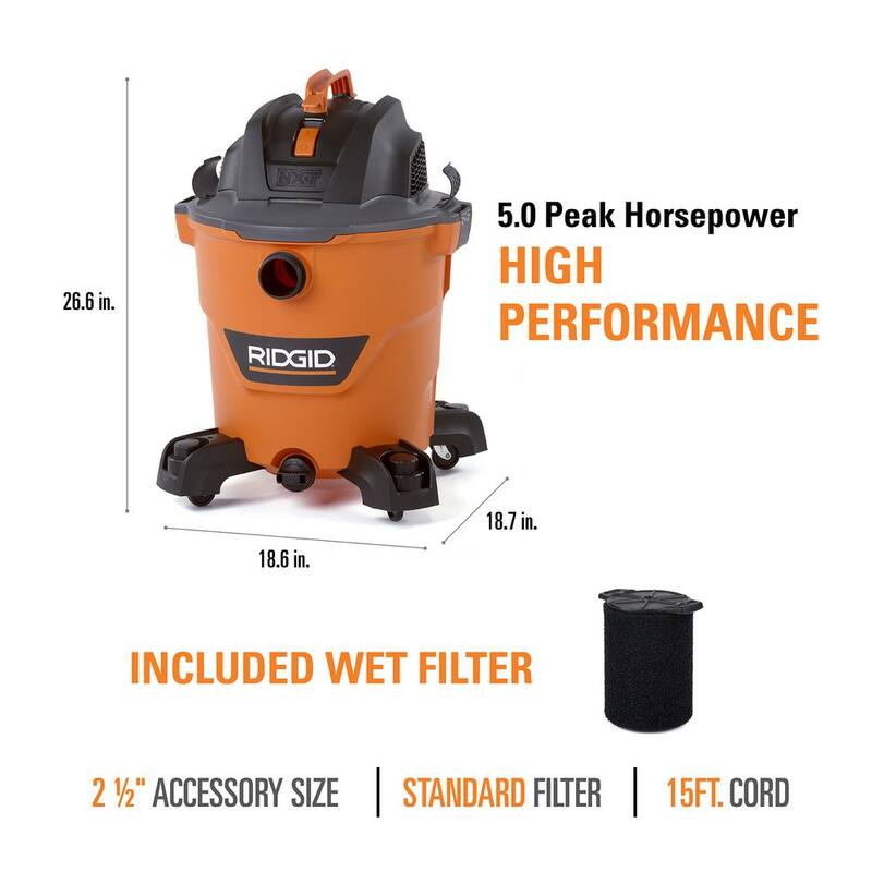 RIDGID 12 Gallon 5.0 Peak HP NXT Shop Vac Wet Dry Vacuum with Filter, Locking Hose, Accessories and Wet Application Filter - HD1200C