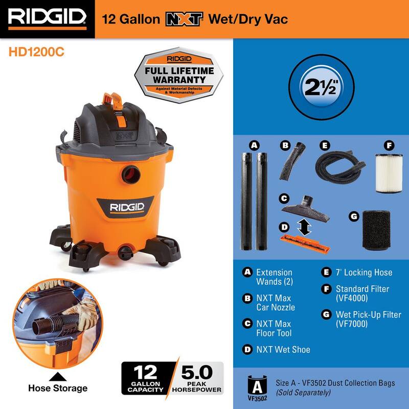 RIDGID 12 Gallon 5.0 Peak HP NXT Shop Vac Wet Dry Vacuum with Filter, Locking Hose, Accessories and Wet Application Filter - HD1200C