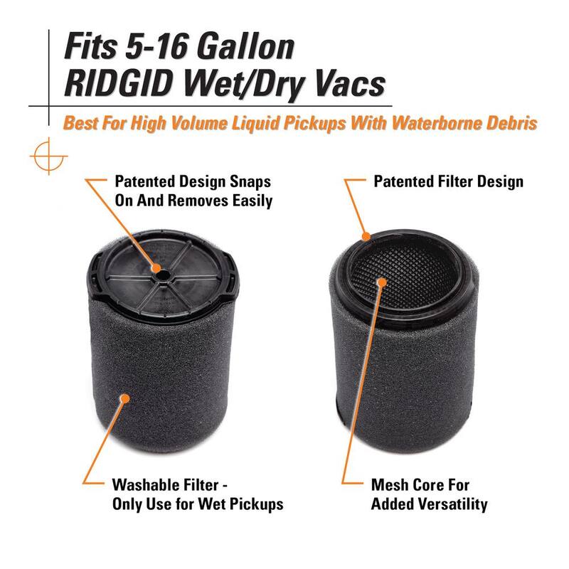 RIDGID Wet Debris Application, Foam Wet Dry Vacuum Shop Vac Filter for Most 5-16 Gallon RIDGID Shop Vacs (4-Pack) - VF7000F