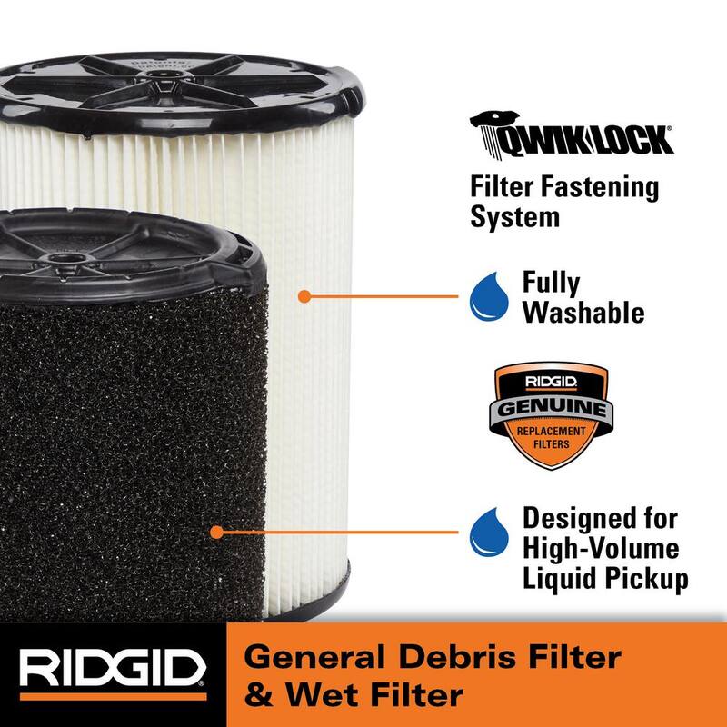 RIDGID General Debris Pleated Paper and Wet Debris Foam Wet Dry Vacuum Filters for Most 5-16 Gallon RIDGID Shop Vacs (2-Pack) - VF4070
