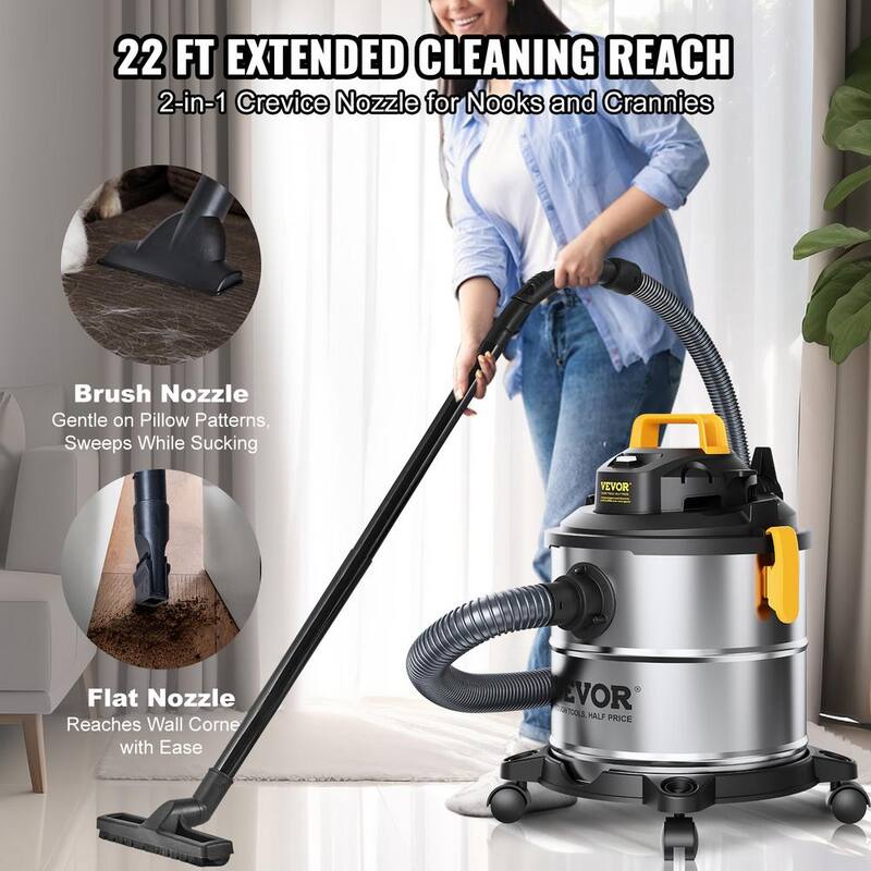 VEVOR Stainless Steel Wet Dry Shop Vacuum, 5.5 Gal. 6 Peak HP Wet/Dry Vac, Powerful Suction with Blower Function w/Attachment - SYGSZKXCQ20LW45KAV1-0830