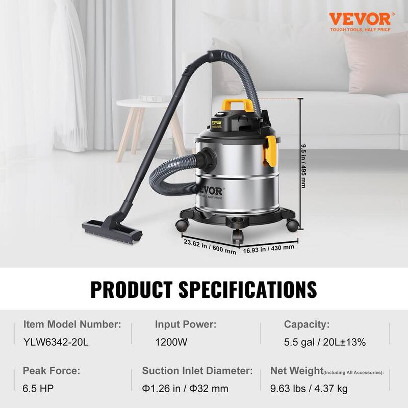 VEVOR Stainless Steel Wet Dry Shop Vacuum, 5.5 Gal. 6 Peak HP Wet/Dry Vac, Powerful Suction with Blower Function w/Attachment - SYGSZKXCQ20LW45KAV1-0830