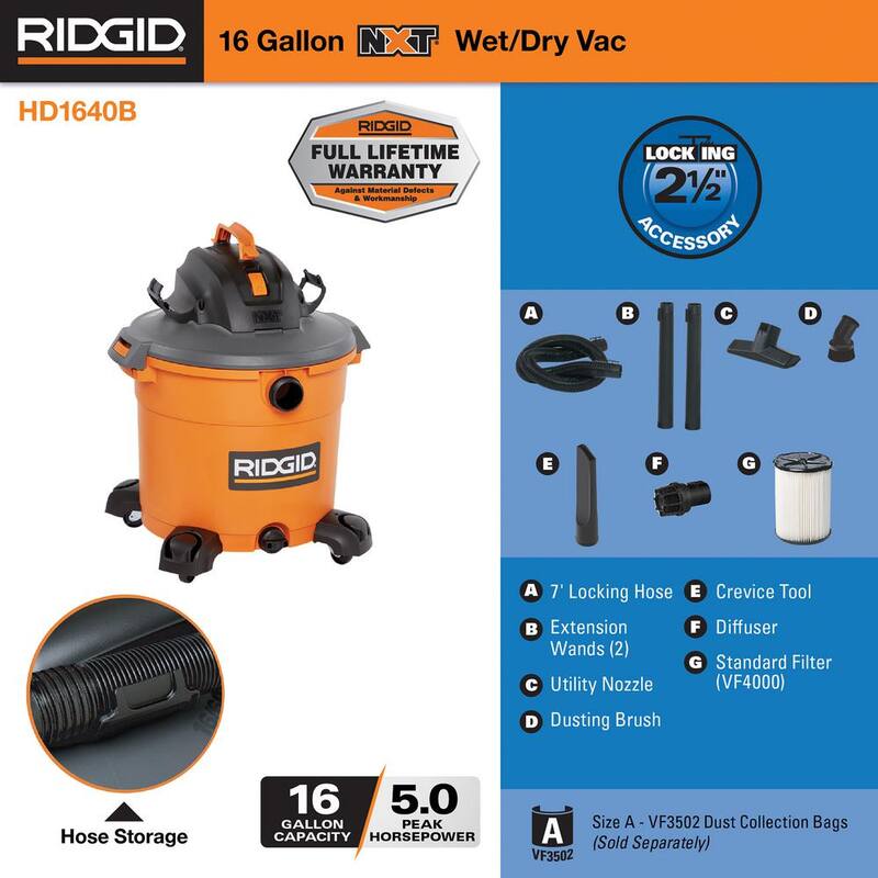 RIDGID 16 Gallon 5.0 Peak HP NXT Shop Vac Wet Dry Vacuum with General Debris Filter, Locking Hose, Diffuser and 5 Accessories - HD1640B