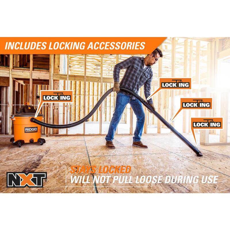 RIDGID 16 Gallon 5.0 Peak HP NXT Shop Vac Wet Dry Vacuum with General Debris Filter, Locking Hose, Diffuser and 5 Accessories - HD1640B