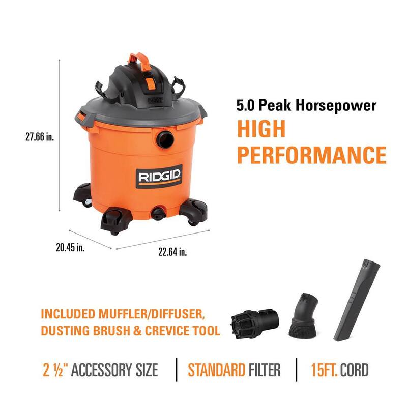 RIDGID 16 Gallon 5.0 Peak HP NXT Shop Vac Wet Dry Vacuum with General Debris Filter, Locking Hose, Diffuser and 5 Accessories - HD1640B