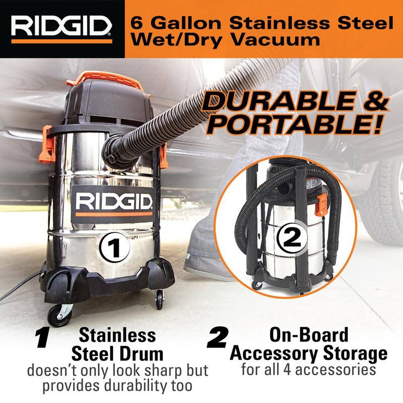 RIDGID 6 Gallon 4.25 Peak HP Stainless Steel Shop Vac Wet Dry Vacuum with Filter, Hose, Accessories and Car Cleaning Kit - WD6425B