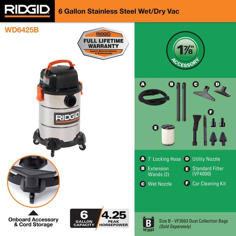 RIDGID 6 Gallon 4.25 Peak HP Stainless Steel Shop Vac Wet Dry Vacuum with Filter, Hose, Accessories and Car Cleaning Kit - WD6425B