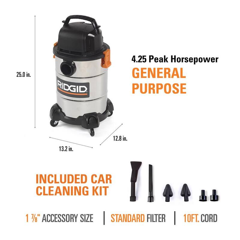 RIDGID 6 Gallon 4.25 Peak HP Stainless Steel Shop Vac Wet Dry Vacuum with Filter, Hose, Accessories and Car Cleaning Kit - WD6425B