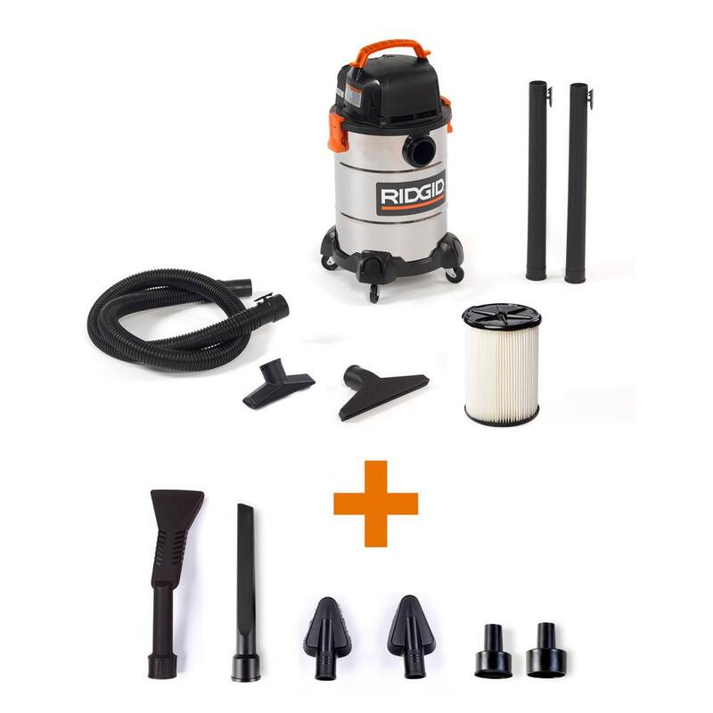 RIDGID 6 Gallon 4.25 Peak HP Stainless Steel Shop Vac Wet Dry Vacuum with Filter, Hose, Accessories and Car Cleaning Kit - WD6425B