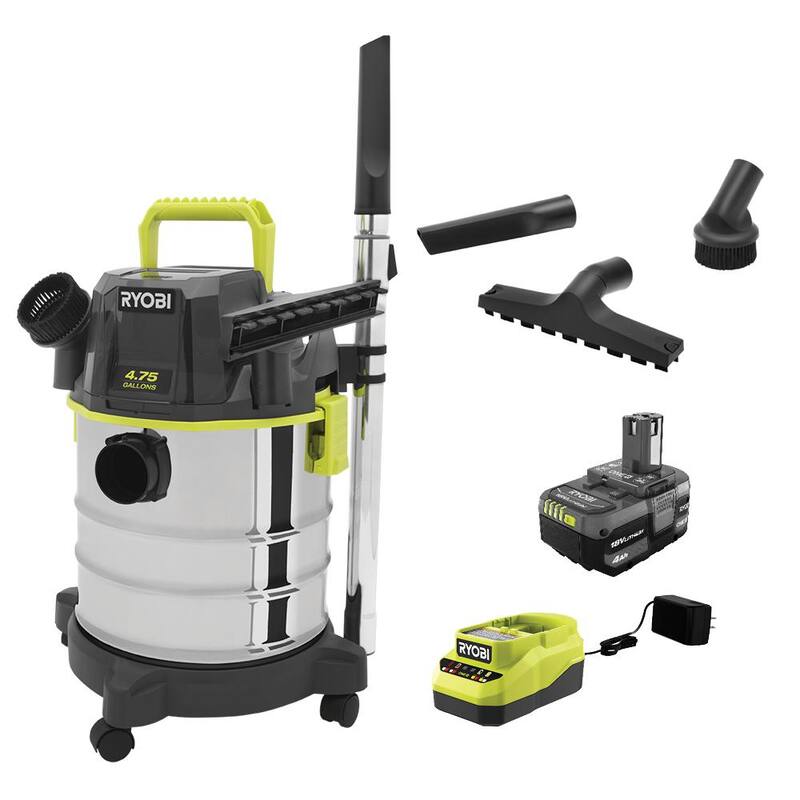 RYOBI ONE+ 18V Cordless 4.75 Gal. Wet/Dry Vacuum Kit with 4.0 Ah Battery, Charger, and Accessory Kit - PWV201KN-A32SS02N
