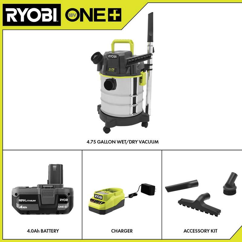 RYOBI ONE+ 18V Cordless 4.75 Gal. Wet/Dry Vacuum Kit with 4.0 Ah Battery, Charger, and Accessory Kit - PWV201KN-A32SS02N