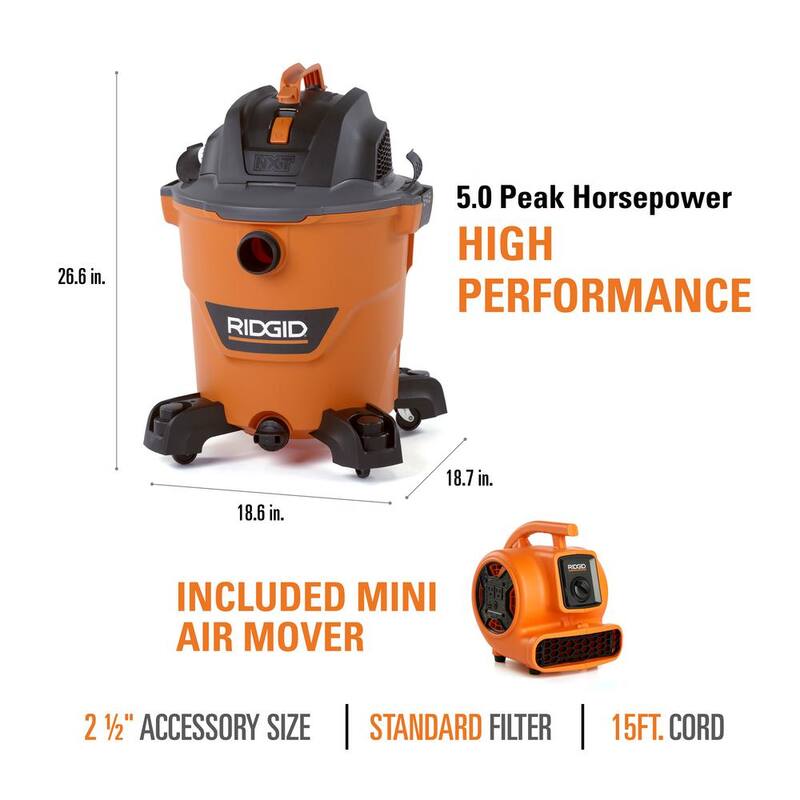 RIDGID 12 Gallon 5.0 Peak HP NXT Shop Vac Wet Dry Vacuum with Filter, Hose, Accessories and 600 CFM Blower Fan Air Mover - HD1265AM