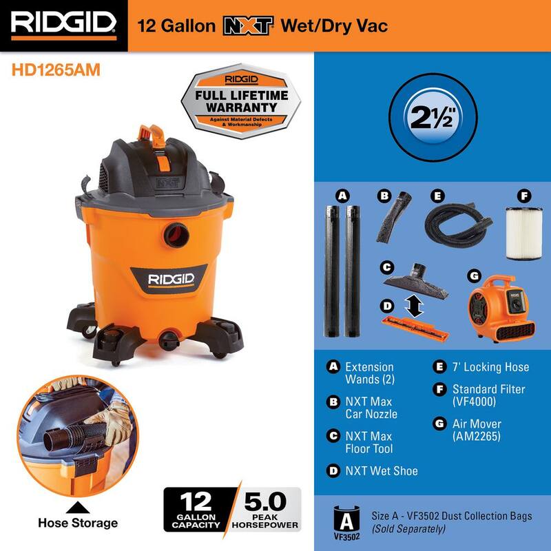 RIDGID 12 Gallon 5.0 Peak HP NXT Shop Vac Wet Dry Vacuum with Filter, Hose, Accessories and 600 CFM Blower Fan Air Mover - HD1265AM