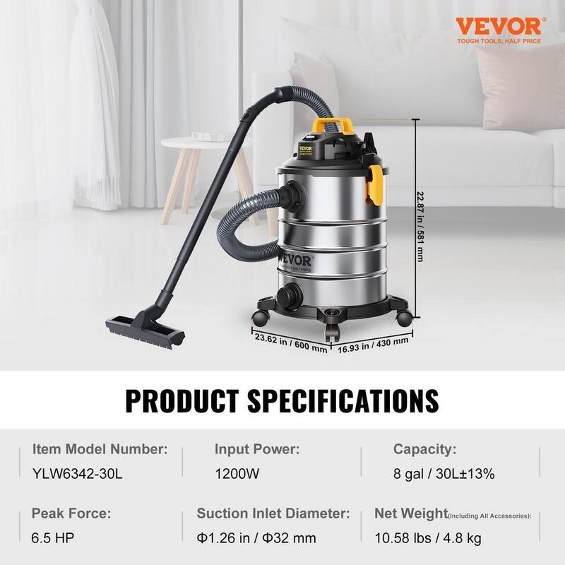 VEVOR Stainless Steel Wet Dry Shop Vacuum, 8 Gall. 6 Peak HP Wet/Dry Vac, Powerful Suction with Blower Function w/Attachment - SYGSZKXCQ30L2G7A8V1-0830