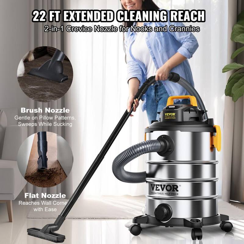 VEVOR Stainless Steel Wet Dry Shop Vacuum, 8 Gall. 6 Peak HP Wet/Dry Vac, Powerful Suction with Blower Function w/Attachment - SYGSZKXCQ30L2G7A8V1-0830