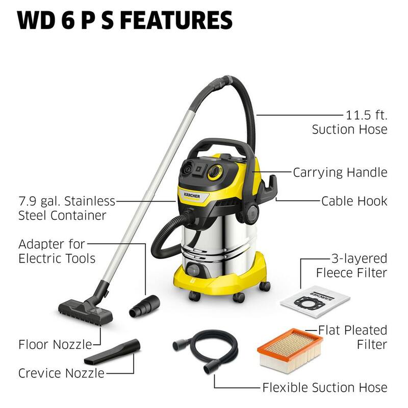 Karcher WD 6 P S Multi-Purpose 8 Gal. Wet-Dry Vacuum Cleaner with Attachments, Blower Feature and Space-Saving Design 1800-Watt - 1.628-375.0