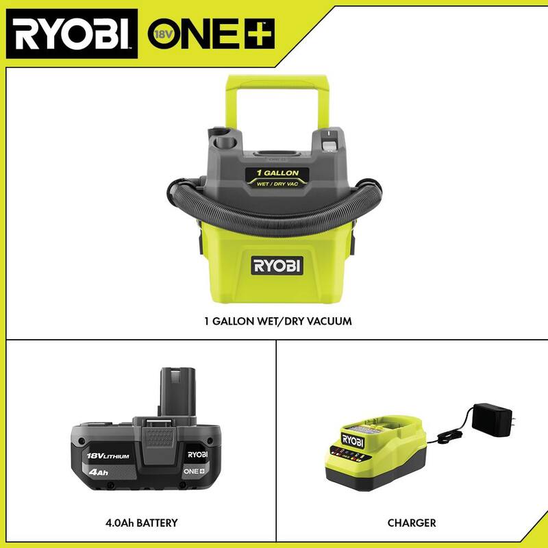 RYOBI ONE+ 18V Cordless 1 Gal. Wet/Dry Vacuum Kit with 4.0Ah Battery, Charger, and 1-1/4 in. Crevice Tool and Utility Nozzle - A323G01-PCL733K