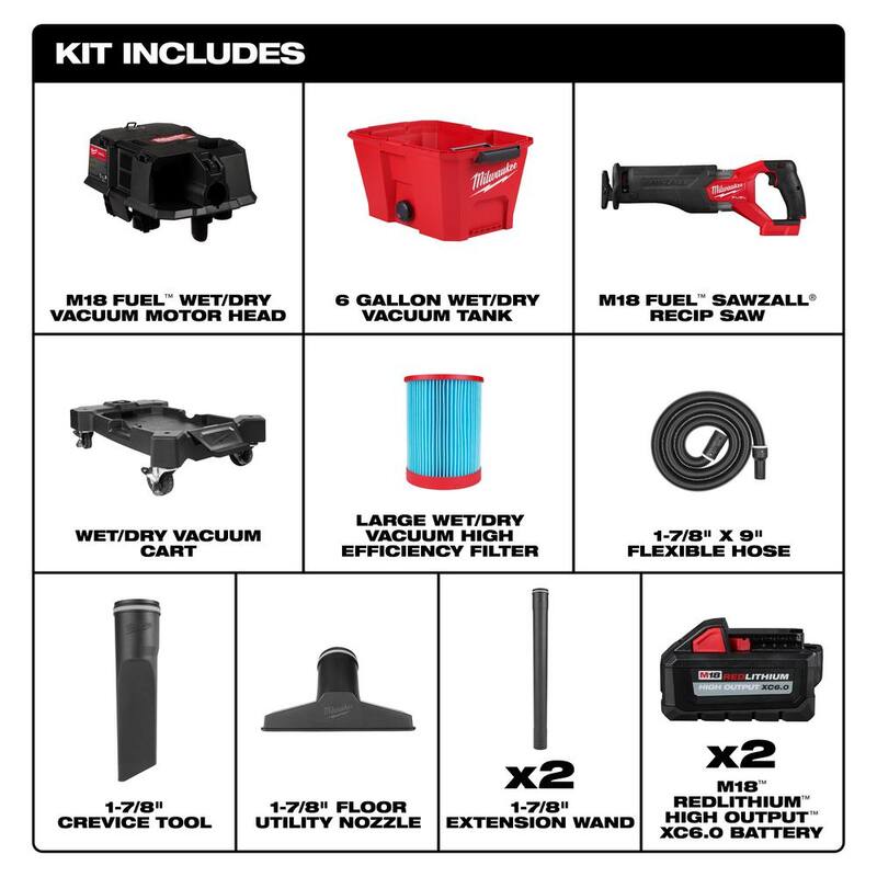 Milwaukee M18 FUEL 6 Gal. Cordless Wet/Dry Shop Vacuum & SAWZALL Reciprocating Saw w/M18 High Output 6.0Ah Batteries (2-Pack) - 0910-20-2821-20-48-11-1862