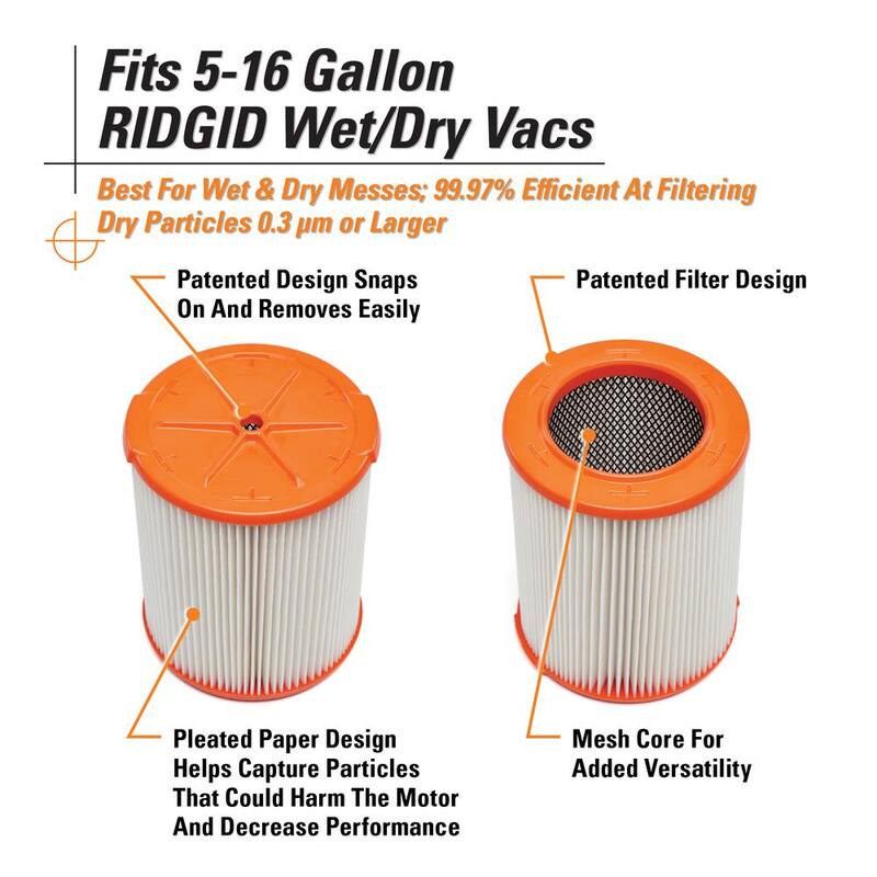 RIDGID HEPA Replacement Wet Dry Vacuum Shop Vac Filter for Most 5-16 Gallon RIDGID Shop Vacs (16-Pack) - VF8000D