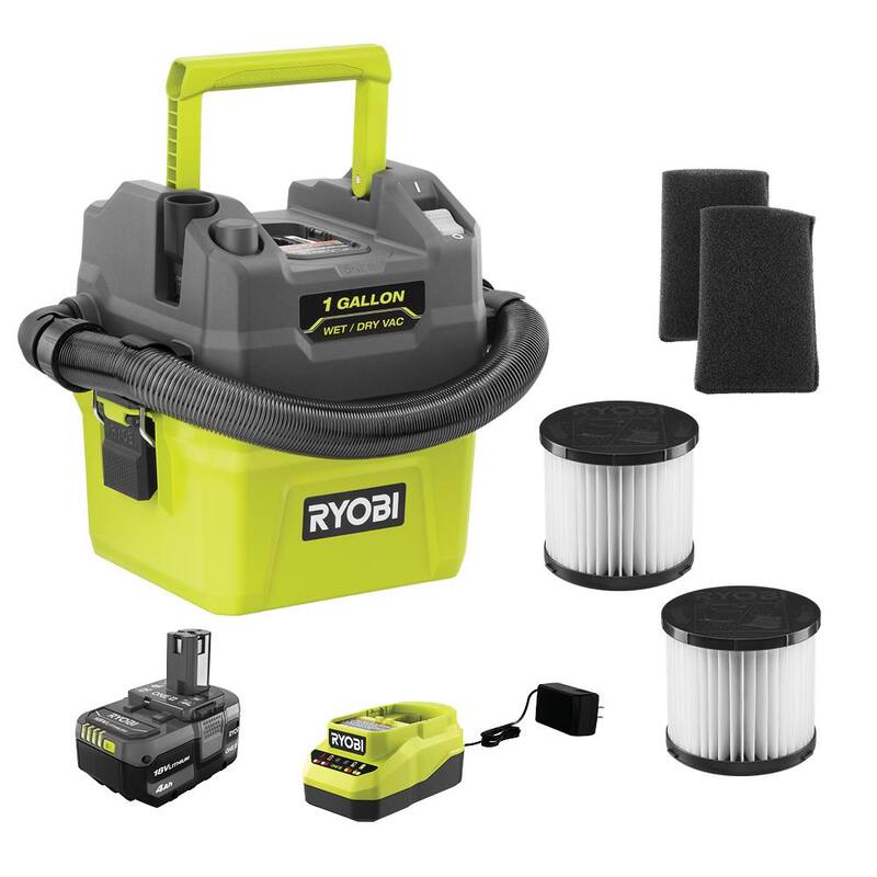 RYOBI ONE+ 18V Cordless 1 Gal. Wet/Dry Vacuum Kit with 4.0Ah Battery, Charger, Replacement Filter, and Foam Filter (2-Pack) - PCL733K-A32VC05-A32WF03