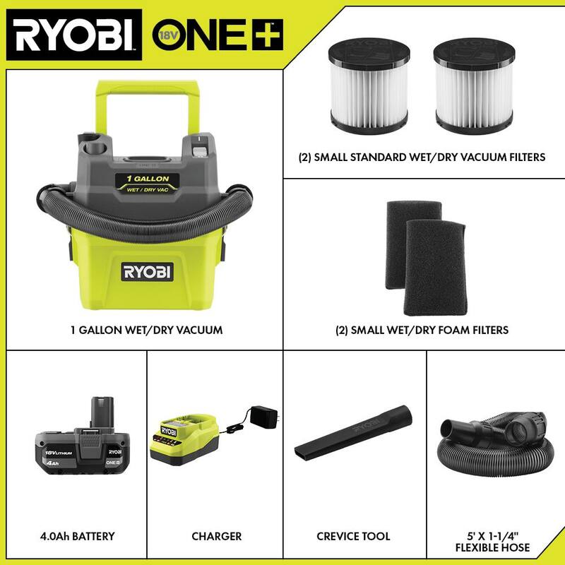 RYOBI ONE+ 18V Cordless 1 Gal. Wet/Dry Vacuum Kit with 4.0Ah Battery, Charger, Replacement Filter, and Foam Filter (2-Pack) - PCL733K-A32VC05-A32WF03
