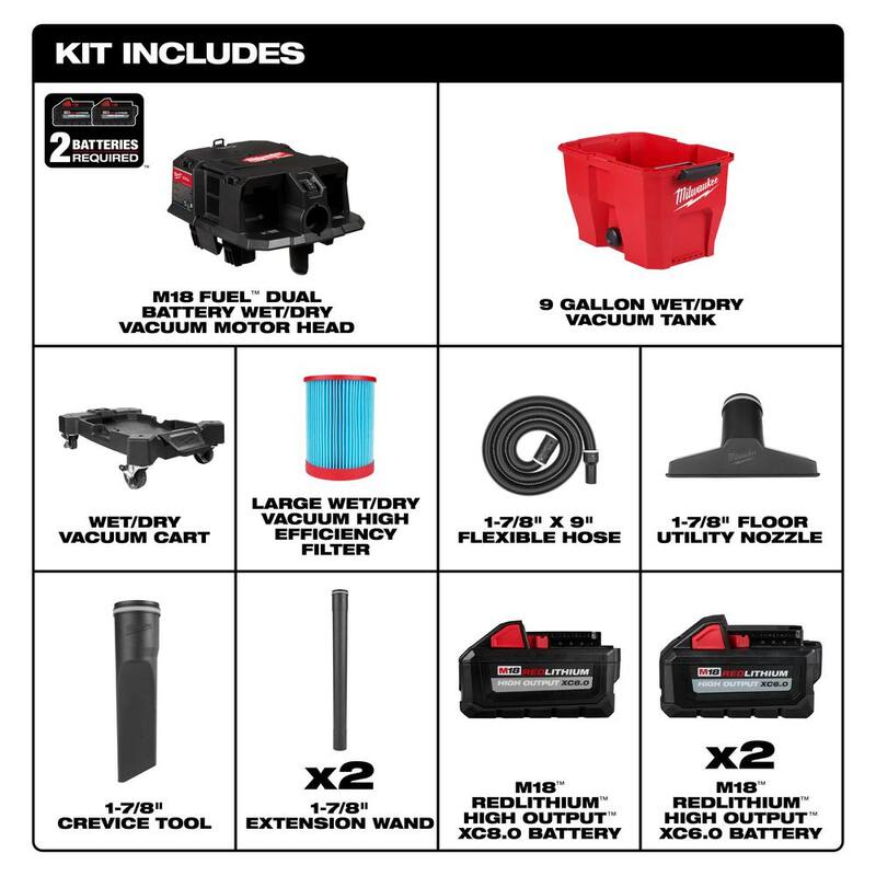Milwaukee M18 FUEL 9 Gal. Cordless DUAL-BATTERY Wet/Dry Shop Vacuum w/XC 8.0 Ah Battery & High Output 6.0Ah Batteries (2-Pack) - 0920-20-48-11-1880-48-11-1862