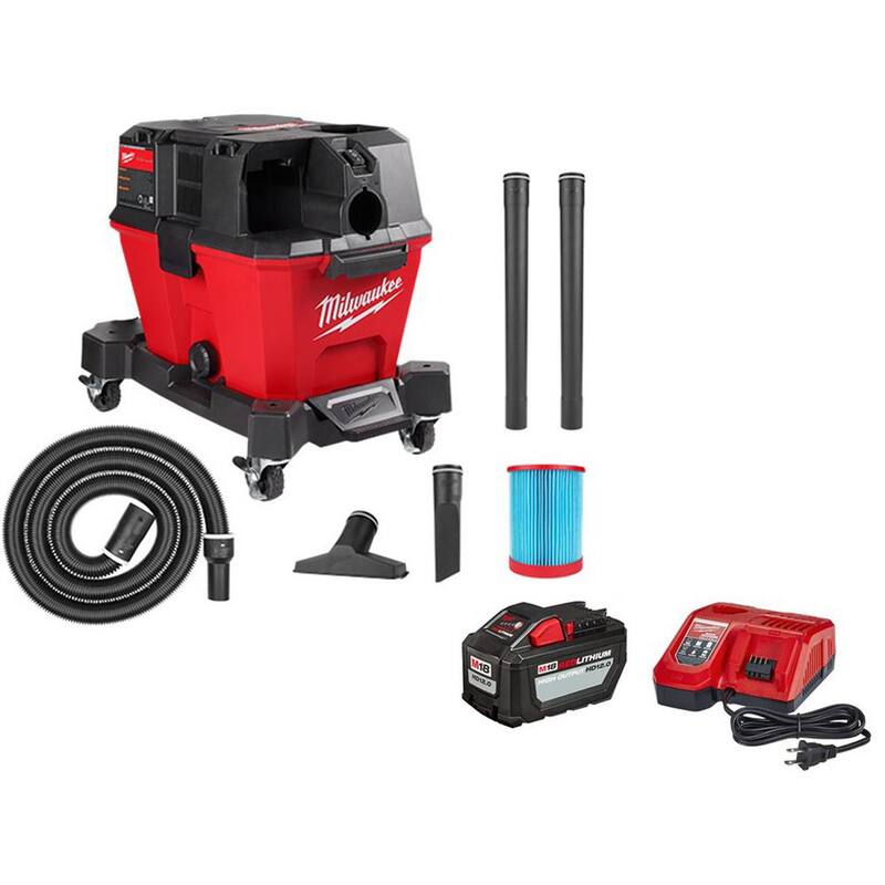 Milwaukee M18 FUEL 6 Gal. Cordless Wet/Dry Shop Vacuum W/Filter, Hose, Accessories and M18 12.0 Ah Battery and Rapid Charger Kit - 0910-20-48-59-1200