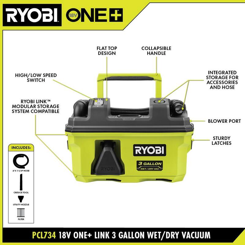 RYOBI ONE+ 18V LINK Cordless 3 Gal. Wet/Dry Vacuum (Tool Only) with Small Wet/Dry Foam Filters (2-Pack) - A32WF03-PCL734B