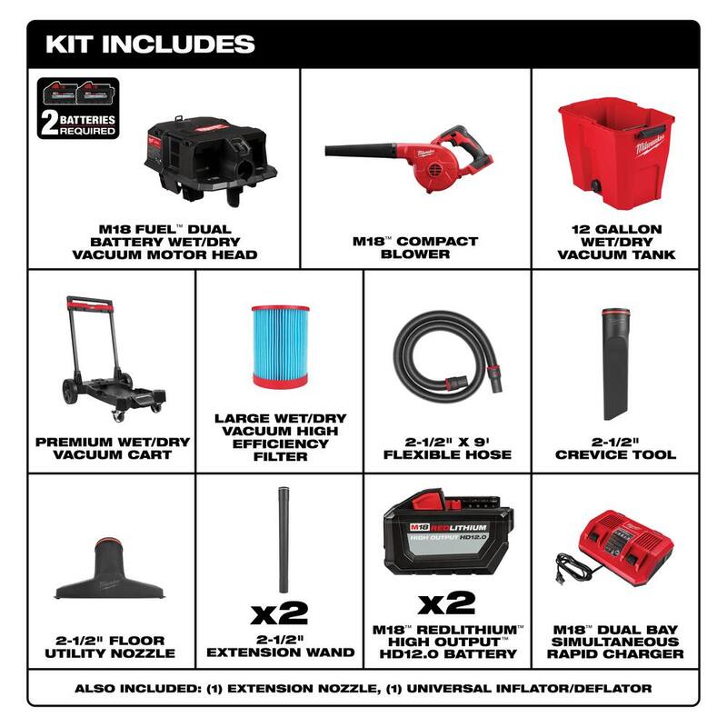 Milwaukee M18 FUEL 12 Gal. Cordless Dual-Battery Wet/Dry Shop Vac Kit with M18 Compact Blower - 0930-22HD-0884-20