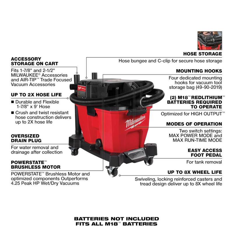 Milwaukee M18 FUEL 9 Gal. Cordless Dual-Battery Wet/Dry Shop Vacuum with AIR-TIP 1-1/4 in. - 2-1/2 in. Utility Brush and Nozzle - 0920-20-49-90-2028-49-90-2038