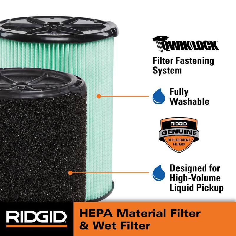 RIDGID HEPA Material Pleated Paper and Wet Debris Foam Wet Dry Vacuum Filters for Most 5-16 Gallon RIDGID Shop Vacs (2-Pack) - VF6070