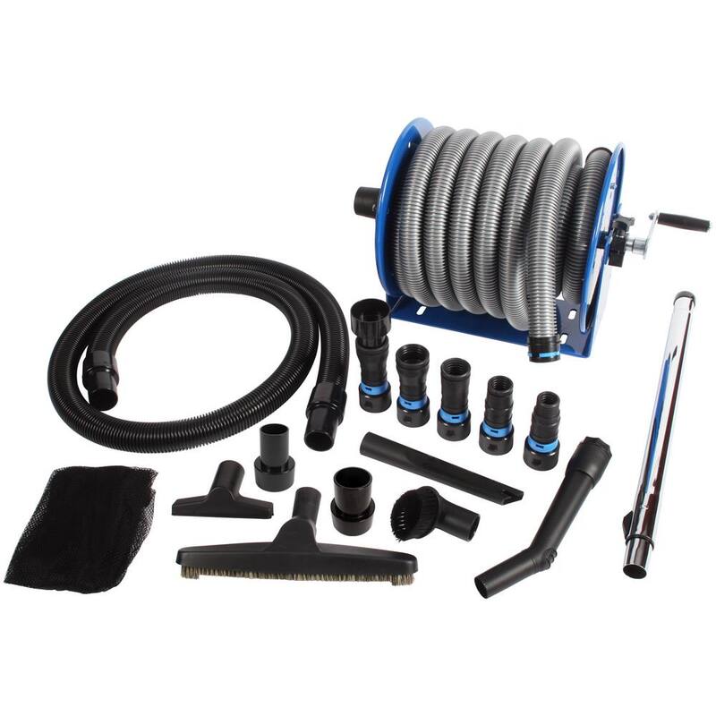 Cen-Tec Stainless Steel Hose Reel and Mounted 30 Ft. Dust Collection Hose with Multi-Brand Power Tool Adapters for Wet/Dry Vacs - 96139