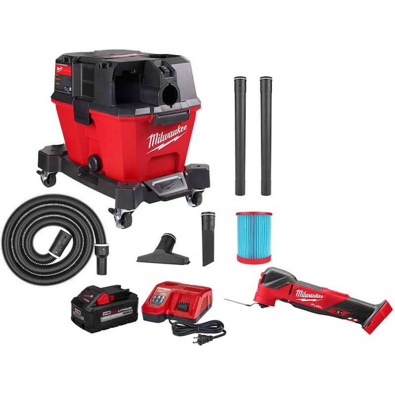 Milwaukee M18 FUEL 6 Gal. Cordless Wet/Dry Shop Vacuum, M18 FUEL Multi-Tool w/M18 HIGH OUTPUT XC 8.0Ah Battery and Rapid Charger - 0910-20-2836-20-48-59-1880