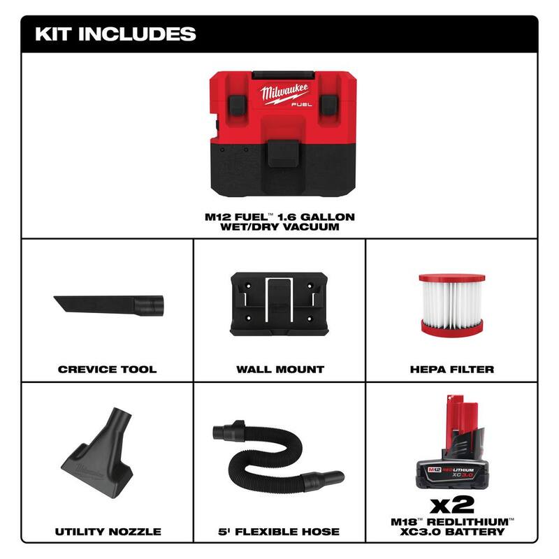 Milwaukee M12 FUEL 12-Volt Lithium-Ion Cordless 1.6 Gal. Wet/Dry Vacuum w/(2) M12 12-Volt Lithium-Ion XC 3.0Ah Batteries - 0960-20-48-11-2412