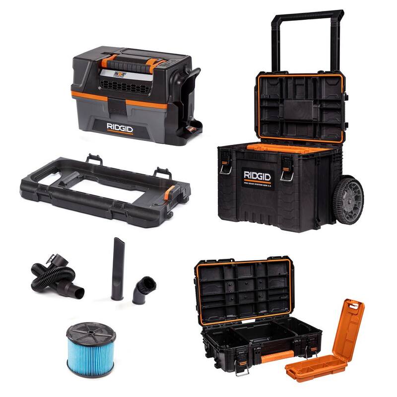 RIDGID 3 Gal. 18-Volt Cordless NXT Shop Vac Wet Dry Vacuum (Tool Only) with Pro Gear Attachment, Rolling Tool Cart, Tool Case - HD0318D