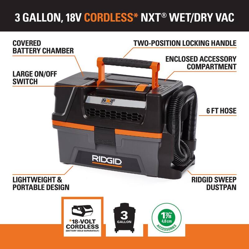 RIDGID 3 Gal. 18-Volt Cordless NXT Shop Vac Wet Dry Vacuum (Tool Only) with Pro Gear Attachment, Rolling Tool Cart, Tool Case - HD0318D