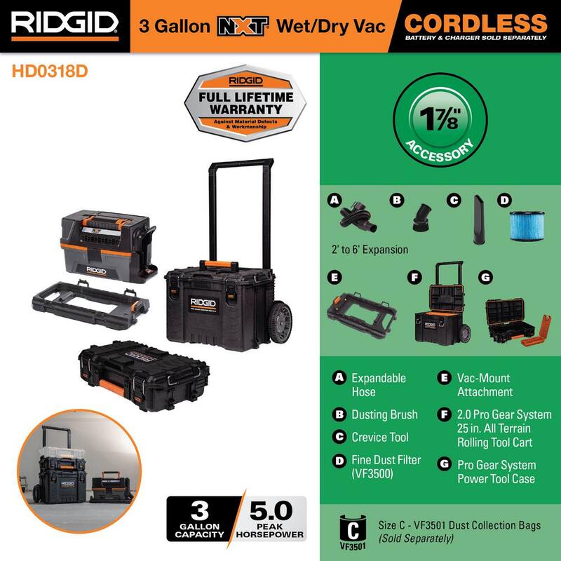 RIDGID 3 Gal. 18-Volt Cordless NXT Shop Vac Wet Dry Vacuum (Tool Only) with Pro Gear Attachment, Rolling Tool Cart, Tool Case - HD0318D